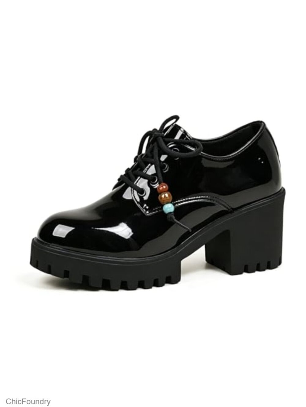 Patent Leather Platform Chunky Heel Oxfords Beaded Lace Up Comfortable Lug Sole